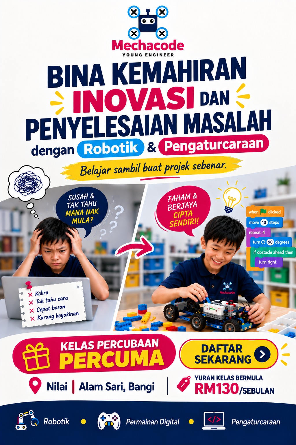 Perbandingan sebelum dan selepas: pelajar keliru di hadapan laptop, kemudian tersenyum sambil membina projek robotik sendiri.